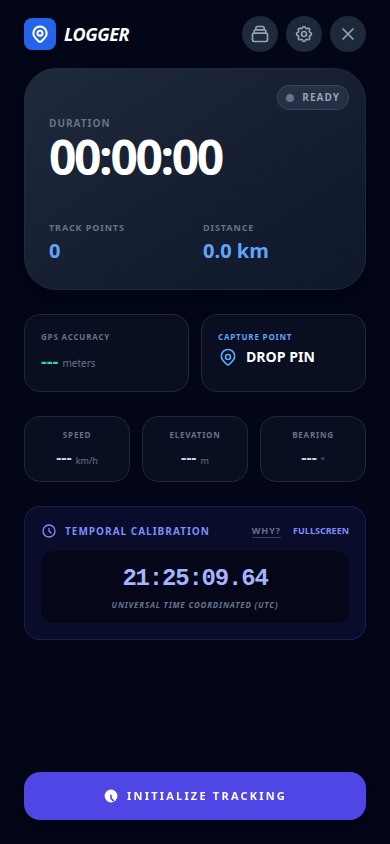 The Mobile GPS Logger recording a track on a phone, with the UTC clock and current accuracy visible.