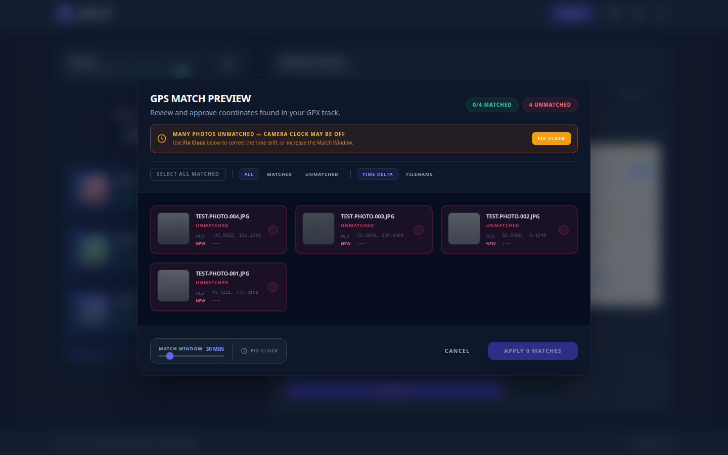 The Rename tab preview showing a token pattern and the live preview of resulting filenames across a set of photos.